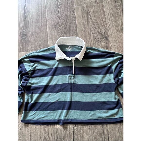 Hollister greens and navy striped polo shirt cropped fit Women’s Medium - Picture 4 of 7